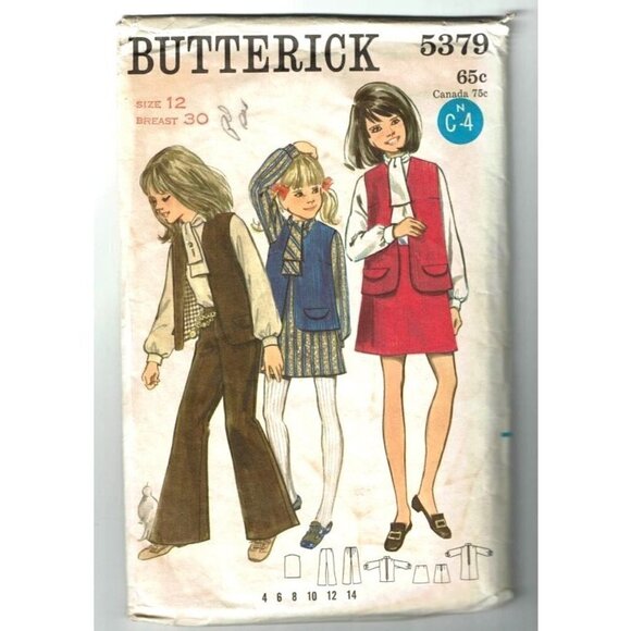 VTG CUT Sewing Pattern Butterick 5379 Girls Dress Blouse Vest Skirt Pants Size 1 - Picture 1 of 2